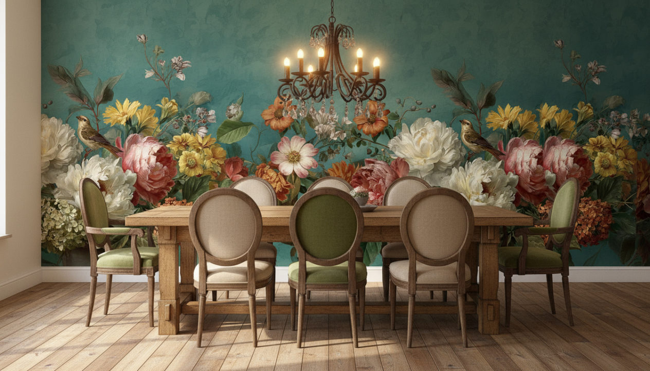 A rustic dining room with solid oak dining table, six upholstered chairs in beige and green tones, vintage chandelier overhead, wooden floor, warm daylight. The back wall is completely covered with the reference image as wallpaper, used exactly as provided without edits. No objects or frames on the wallpaper wall. Realistic shadows, inviting natural look.