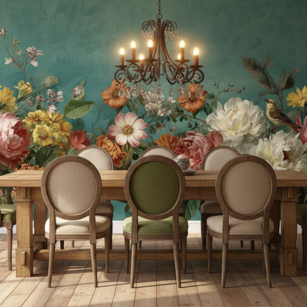 A rustic dining room with solid oak dining table, six upholstered chairs in beige and green tones, vintage chandelier overhead, wooden floor, warm daylight. The back wall is completely covered with the reference image as wallpaper, used exactly as provided without edits. No objects or frames on the wallpaper wall. Realistic shadows, inviting natural look.