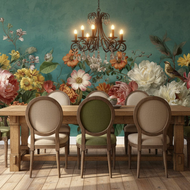 A rustic dining room with solid oak dining table, six upholstered chairs in beige and green tones, vintage chandelier overhead, wooden floor, warm daylight. The back wall is completely covered with the reference image as wallpaper, used exactly as provided without edits. No objects or frames on the wallpaper wall. Realistic shadows, inviting natural look.