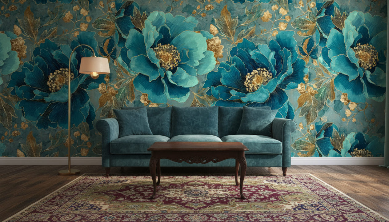 A vintage living room with wooden floor, petrol-colored velvet sofa, antique wooden coffee table, brass floor lamp, Persian rug with muted tones. The back wall is fully covered with the reference image as wallpaper, used exactly as provided with no changes or extensions. No objects or frames on the wallpaper wall. Realistic shadows, warm daylight, natural interior photography.