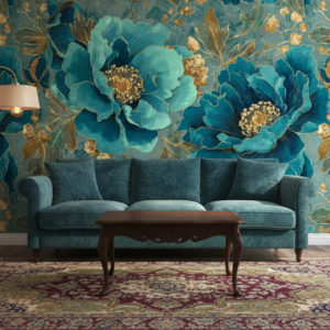 A vintage living room with wooden floor, petrol-colored velvet sofa, antique wooden coffee table, brass floor lamp, Persian rug with muted tones. The back wall is fully covered with the reference image as wallpaper, used exactly as provided with no changes or extensions. No objects or frames on the wallpaper wall. Realistic shadows, warm daylight, natural interior photography.