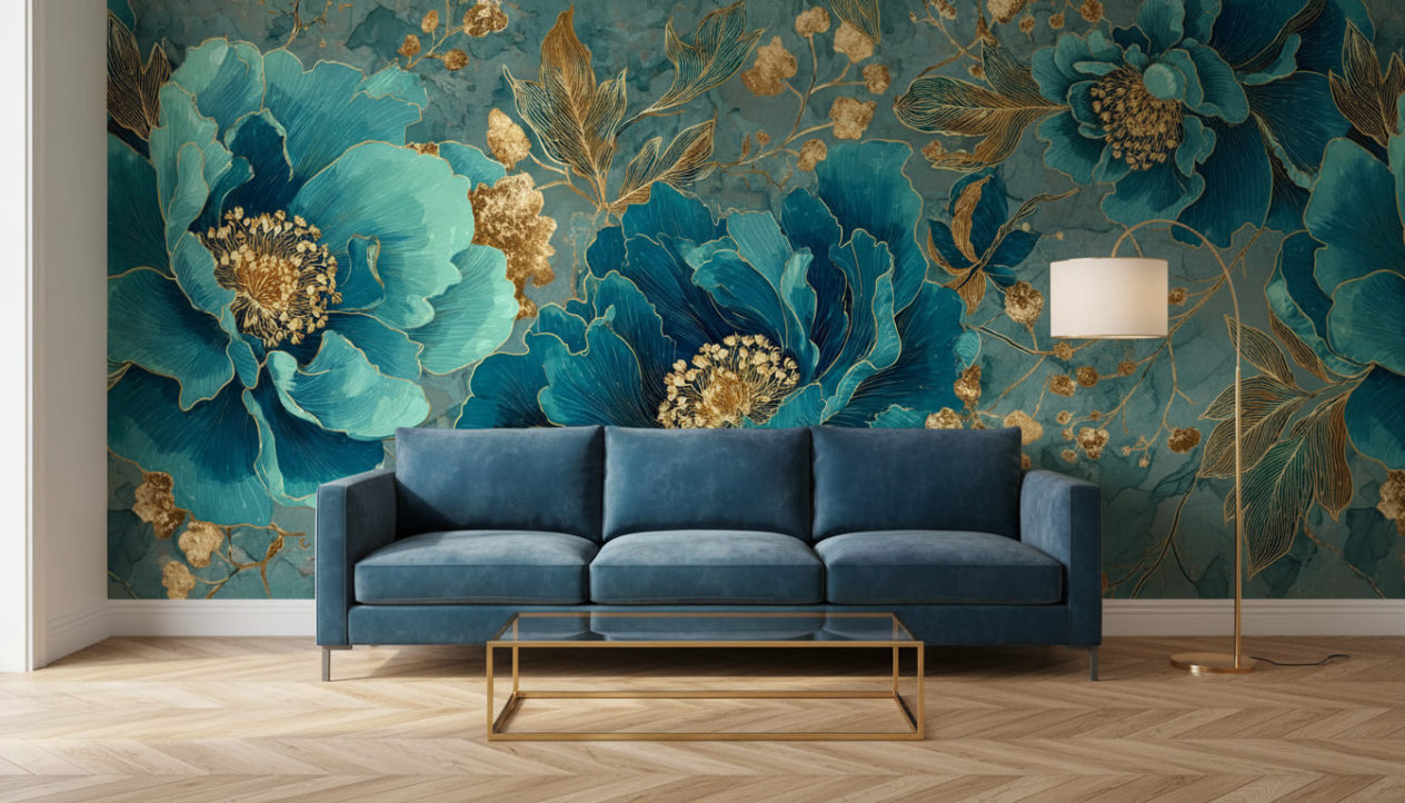 modern classic living room with oak parquet floor, petrol velvet sofa, glass coffee table with brass frame, golden floor lamp, soft daylight. The wall behind the sofa is fully covered with the reference image as wallpaper, exactly as provided, unchanged. No shelves, no frames, no decorations on that wallpaper wall. Realistic shadows, elegant bright interior.