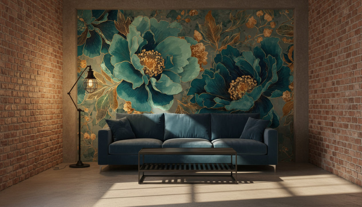An industrial style living room with concrete floor, exposed brick side walls, petrol-colored sofa, black metal coffee table, industrial floor lamp, warm cinematic daylight. The back wall is completely covered with the reference image as wallpaper, exactly as provided, no alterations or distortions. No objects on the wallpaper wall. Realistic shadows, moody loft atmosphere
