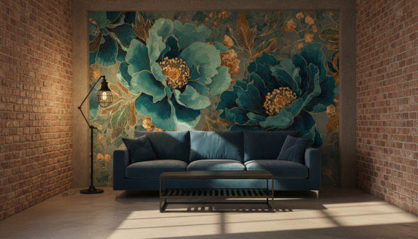 An industrial style living room with concrete floor, exposed brick side walls, petrol-colored sofa, black metal coffee table, industrial floor lamp, warm cinematic daylight. The back wall is completely covered with the reference image as wallpaper, exactly as provided, no alterations or distortions. No objects on the wallpaper wall. Realistic shadows, moody loft atmosphere
