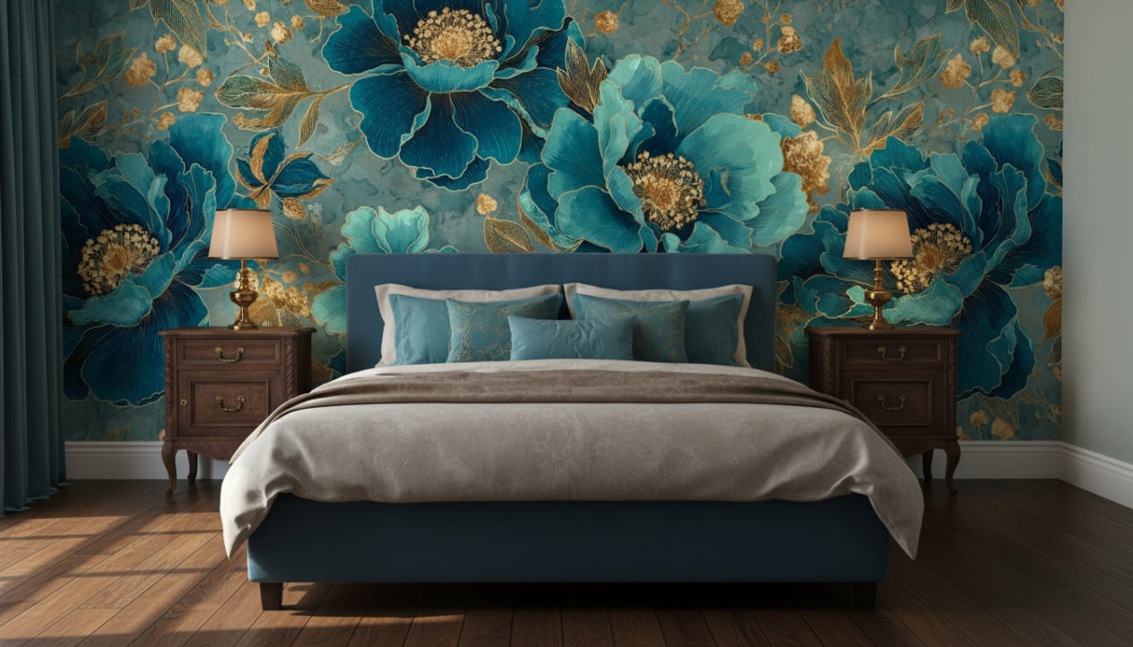 A cozy vintage bedroom with dark wooden floor, petrol upholstered bed with matching pillows, antique wooden nightstands, brass lamps, soft daylight. The wall behind the bed is fully covered with the reference image as wallpaper, used exactly as provided, unchanged. No objects or shelves on the wallpaper wall. Realistic shadows, warm elegant interior.