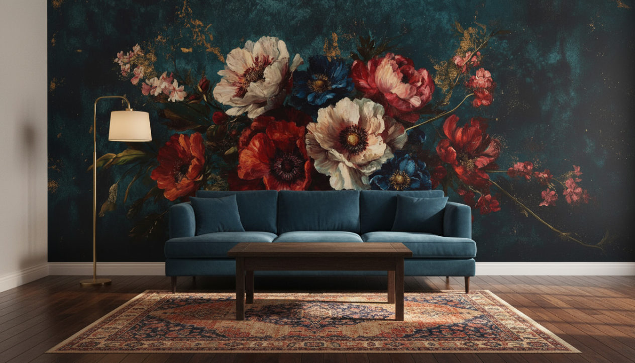 A vintage living room with dark wooden floor, petrol velvet sofa, antique wooden coffee table, brass floor lamp, Persian rug in muted red and blue tones. The back wall is fully covered with the reference image as wallpaper, exactly as provided with no changes or extensions. No objects on the wallpaper wall. Realistic shadows, warm atmospheric lighting, natural interior photography.