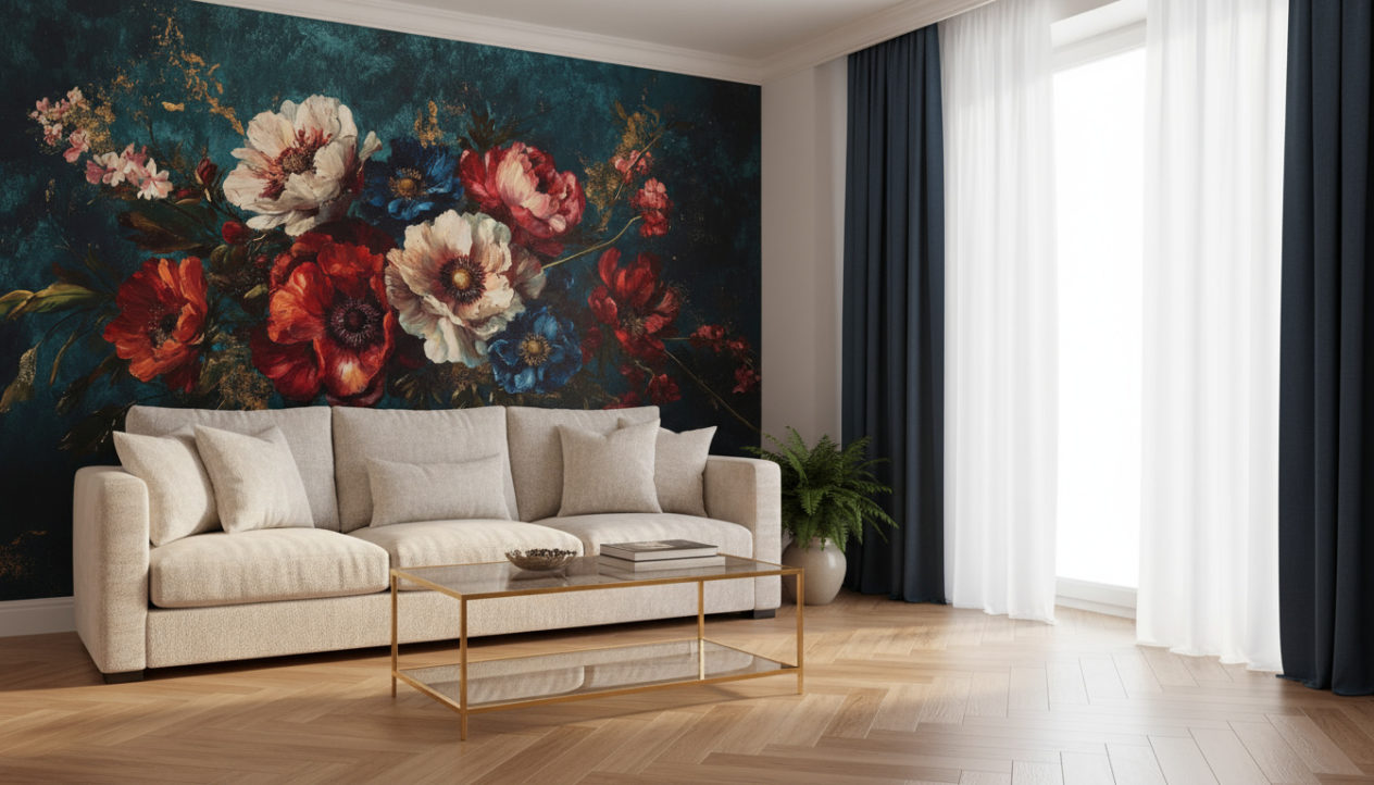 A modern classic living room with oak parquet floor, cream upholstered sofa, glass coffee table with golden frame, dark blue curtains, soft daylight. The wall behind the sofa is fully covered with the reference image as wallpaper, exactly as provided, unchanged. No shelves or frames on that wall. Realistic shadows, elegant bright atmosphere