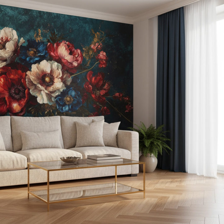 A modern classic living room with oak parquet floor, cream upholstered sofa, glass coffee table with golden frame, dark blue curtains, soft daylight. The wall behind the sofa is fully covered with the reference image as wallpaper, exactly as provided, unchanged. No shelves or frames on that wall. Realistic shadows, elegant bright atmosphere