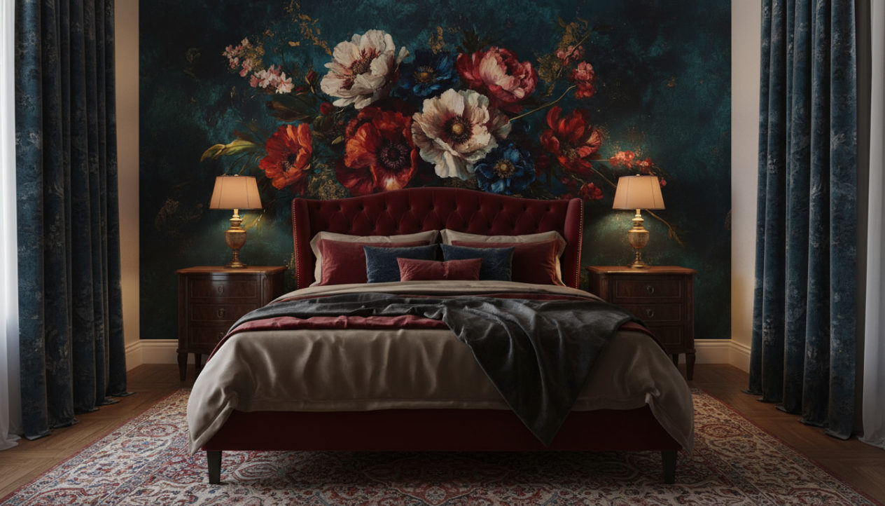 A dramatic vintage bedroom with upholstered bed in deep red velvet, wooden nightstands, brass bedside lamps, heavy curtains, patterned rug. The wall behind the headboard is fully covered with the reference image as wallpaper, used exactly as provided without modifications. No objects on the wallpaper wall. Realistic shadows, cozy moody atmosphere