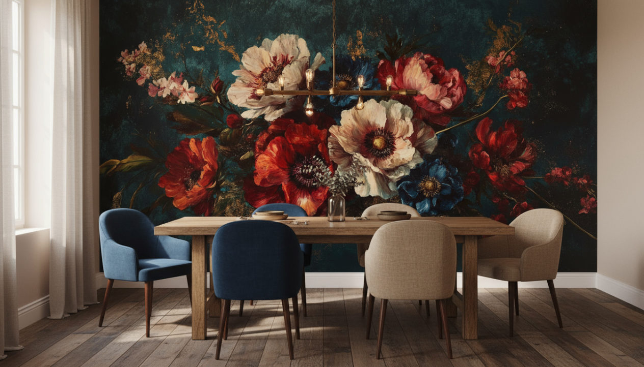 A rustic elegant dining room with solid oak dining table, upholstered chairs in deep blue and beige tones, vintage chandelier, wooden floor, warm daylight. The back wall is completely covered with the reference image as wallpaper, exactly as provided, no alterations or extensions. No decorations on the wallpaper wall. Realistic shadows, inviting natural look