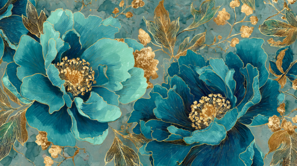 Fototapete Aquarell-Pfingstrosen – Petrol & Goldlinien im Vintage-Look – Bild 5
