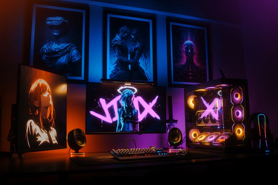 Modern gaming setup featuring neon lights, multiple screens, and art deco posters, perfect for tech enthusiasts.
