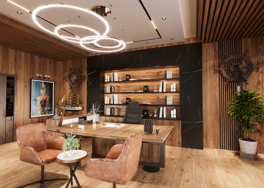 Stylish executive office featuring wooden decor, modern furniture, and artistic lighting.
