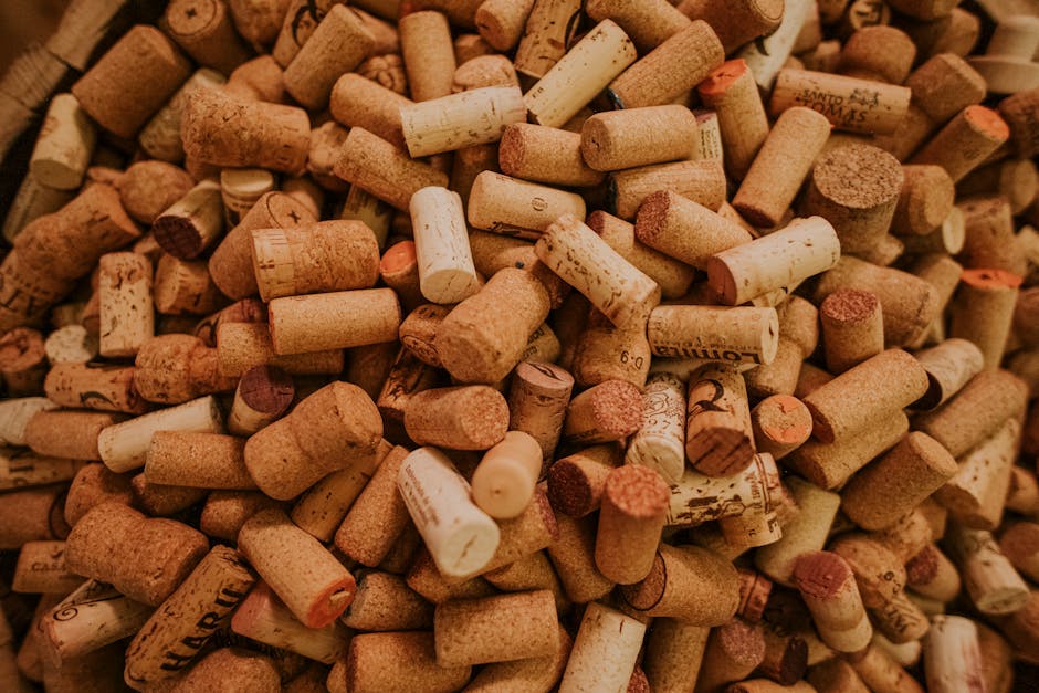 Abundant collection of wine corks photographed in detail, showcasing texture and variety.