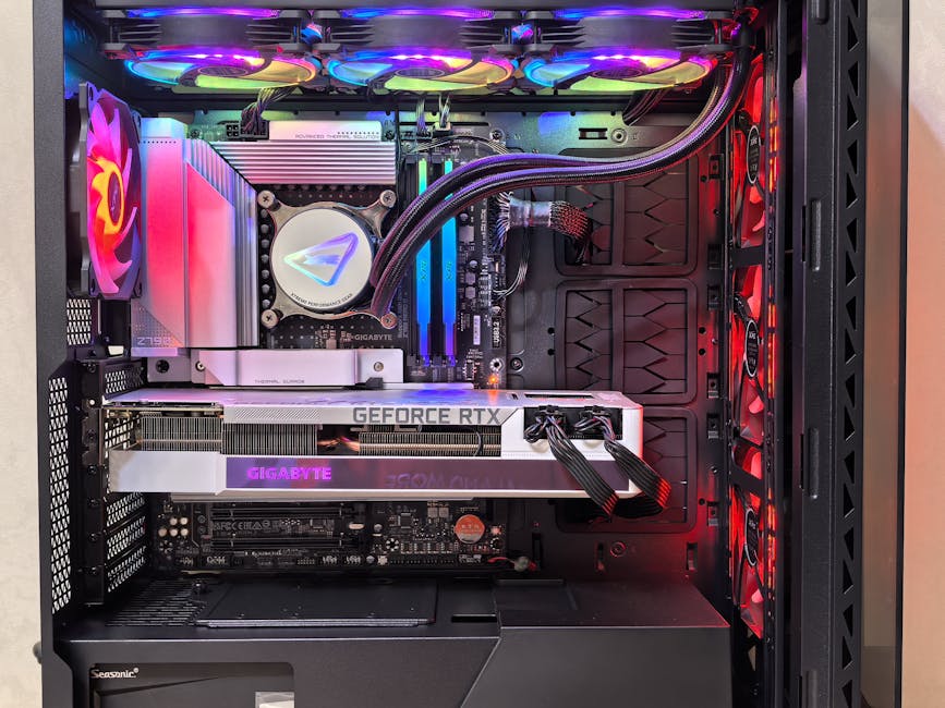 Inside view of a high-performance gaming PC showcasing components and vibrant RGB lighting.